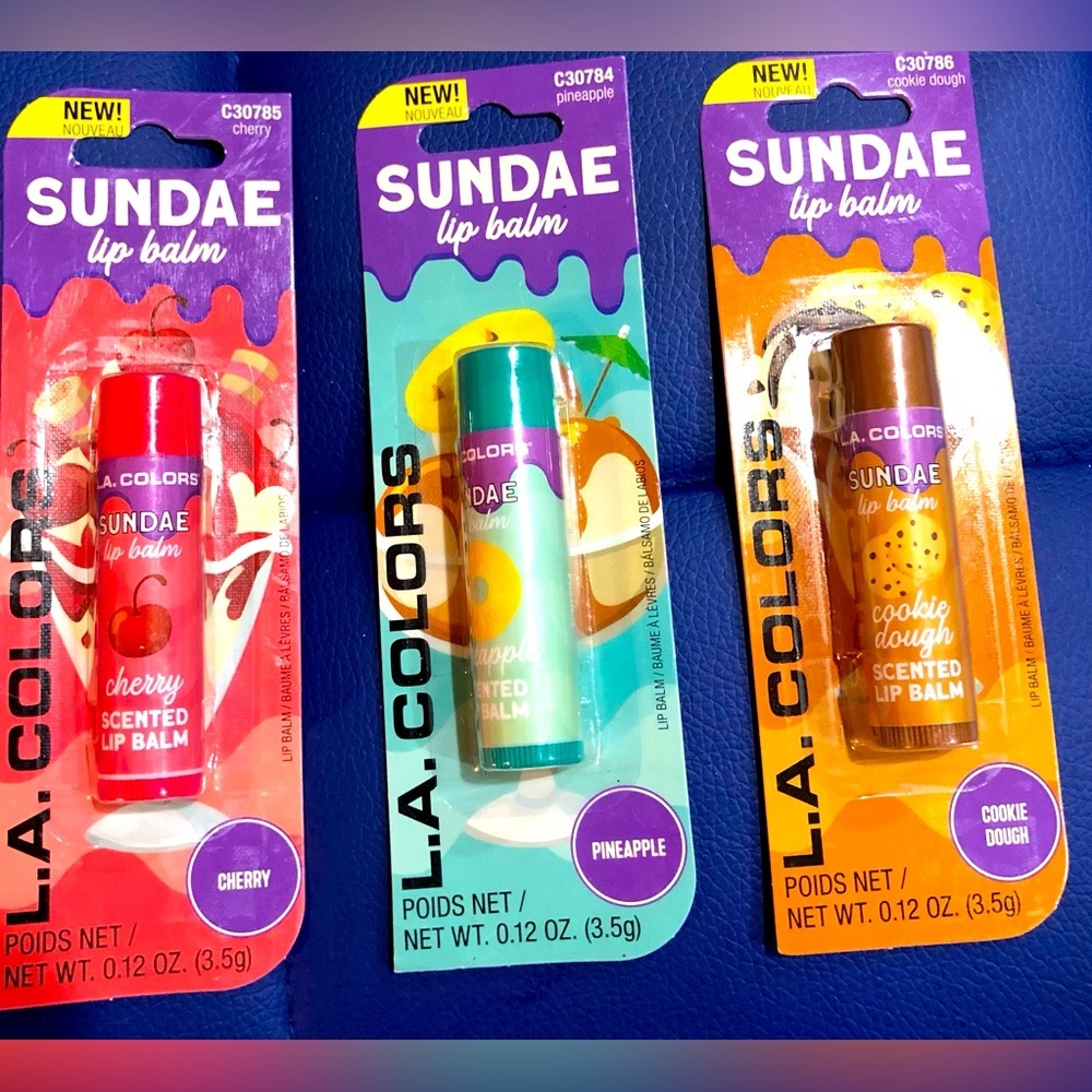 3pack yummy sundae flavored lip balms in cherry pineapple & cookie dough +1 free